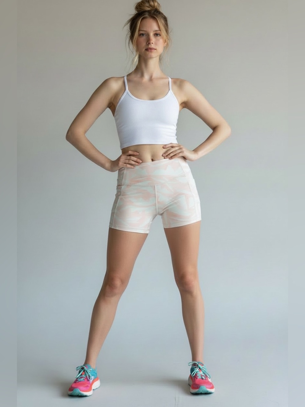 Athleta Pale Pink Marble Pattern High-Rise Workout Shorts